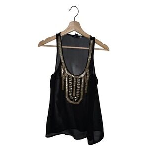 Black Sheer Tank Top Embellished Gold Beaded Art Deco Festival Size 4‎